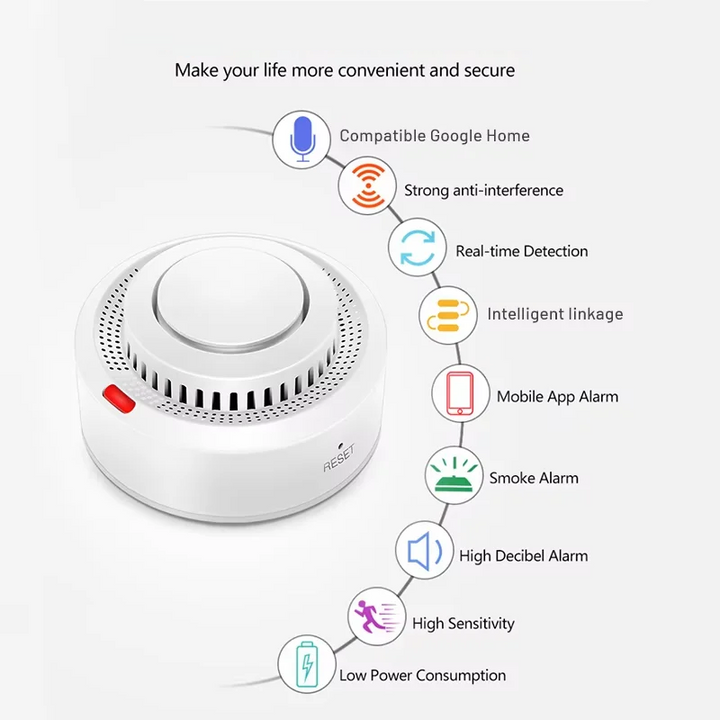 Smart home safety device smoke detector showing test button and alarm speaker