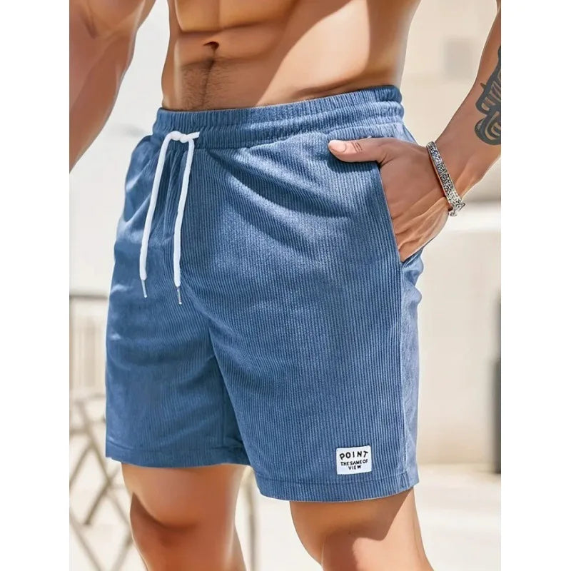 Men's casual summer drawstring shorts in denim blue with side pockets