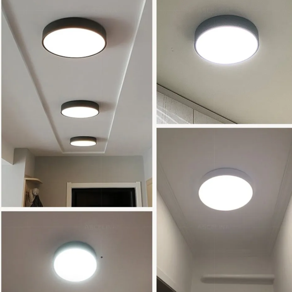 Energy efficient modern LED ceiling lighting fixture installed in a bedroom