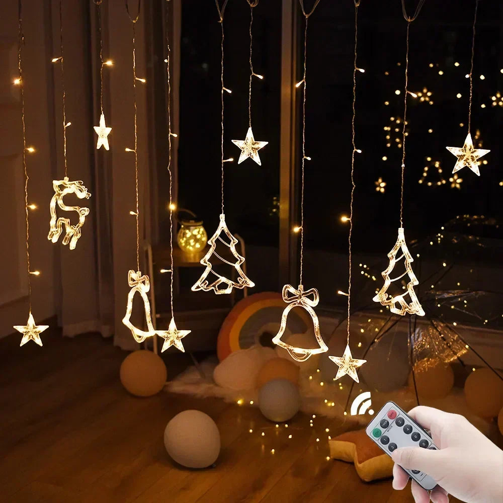 Illuminated star and moon string lights hanging in a living room with remote control