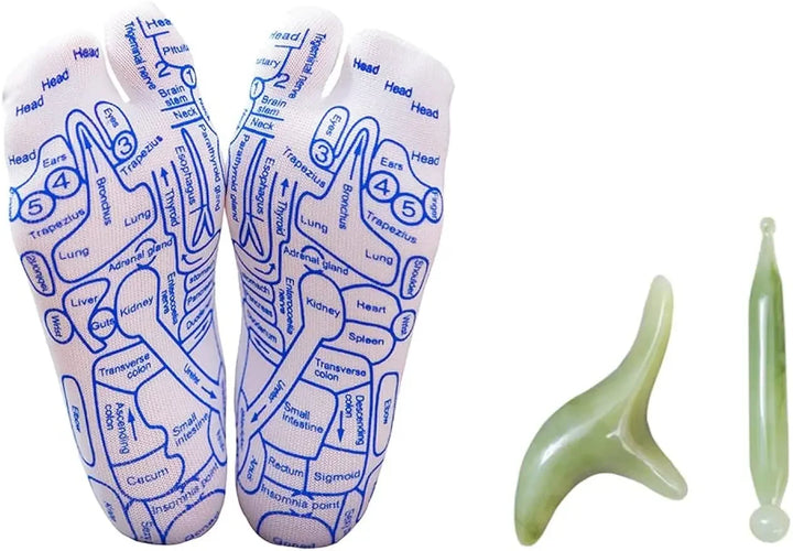 Pair of wellness foot massage socks laid flat showing acupressure zones