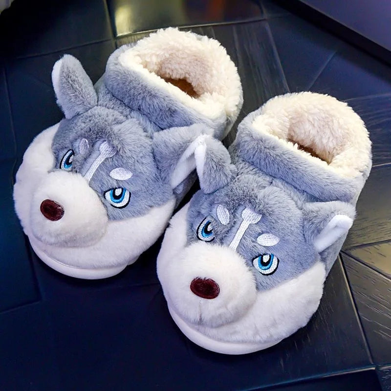 Cute winter indoor shoes featuring soft plush husky dog details for women
