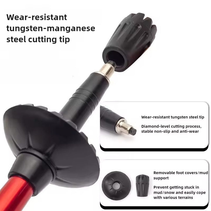 Folding trekking pole broken down into compact sections for easy backpack storage