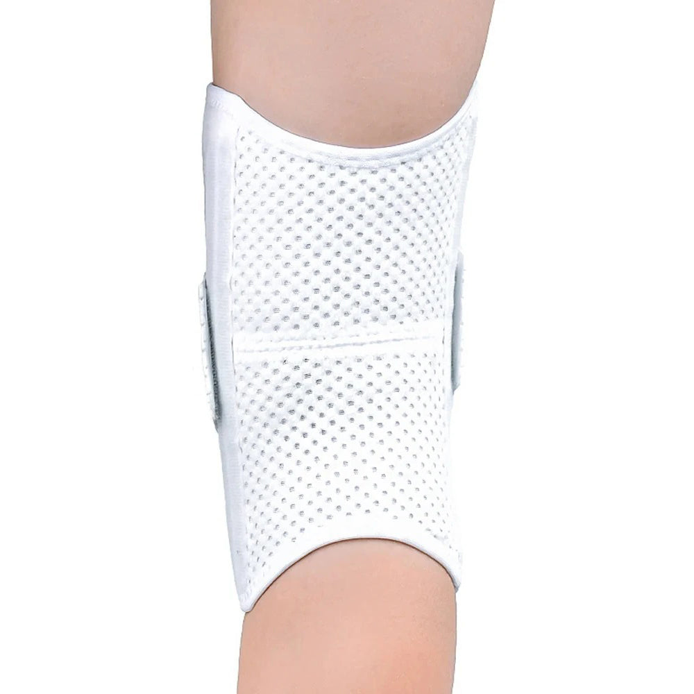Close-up of flexible sports gear knee brace showing breathable material