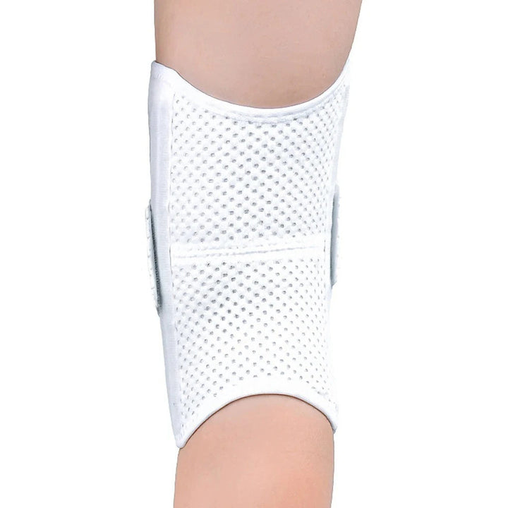 Close-up of flexible sports gear knee brace showing breathable material
