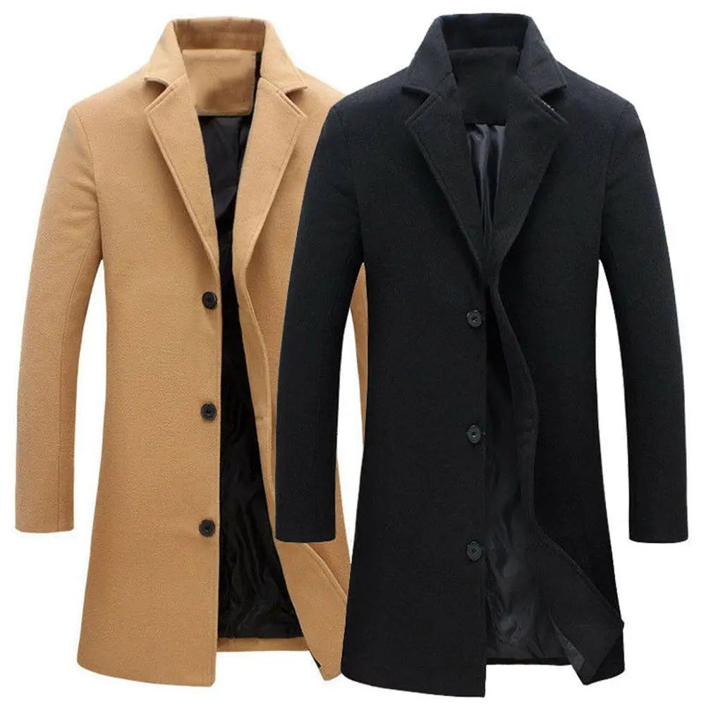 Stylized men's smart casual winter jacket outfit with layered trench coat