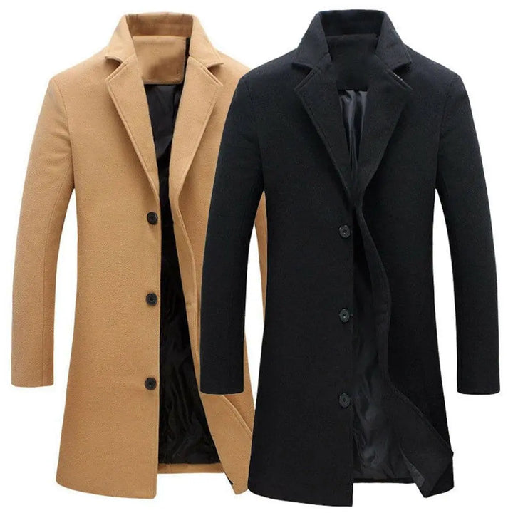 Stylized men's smart casual winter jacket outfit with layered trench coat