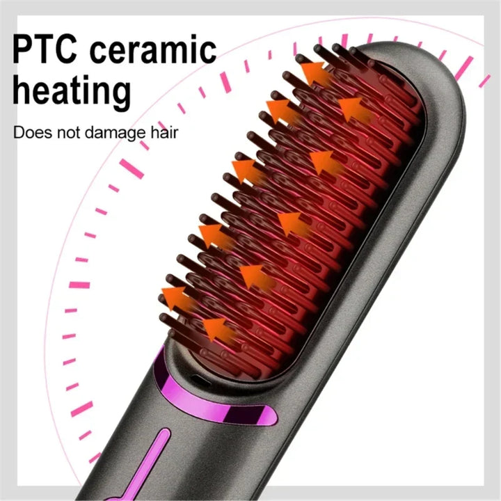 Close-up of heated ceramic teeth on the cordless hair straightening brush