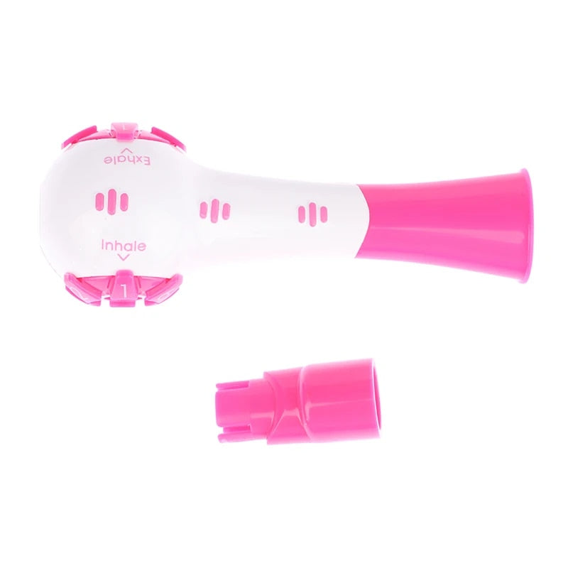 Blue breathing trainer device displayed with its protective travel case