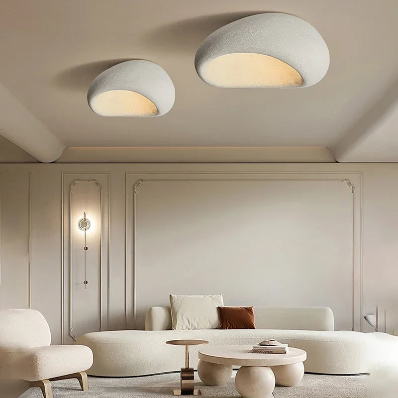 Wabi-Sabi organic LED ceiling lamp installed in a modern minimalist living room with neutral tones