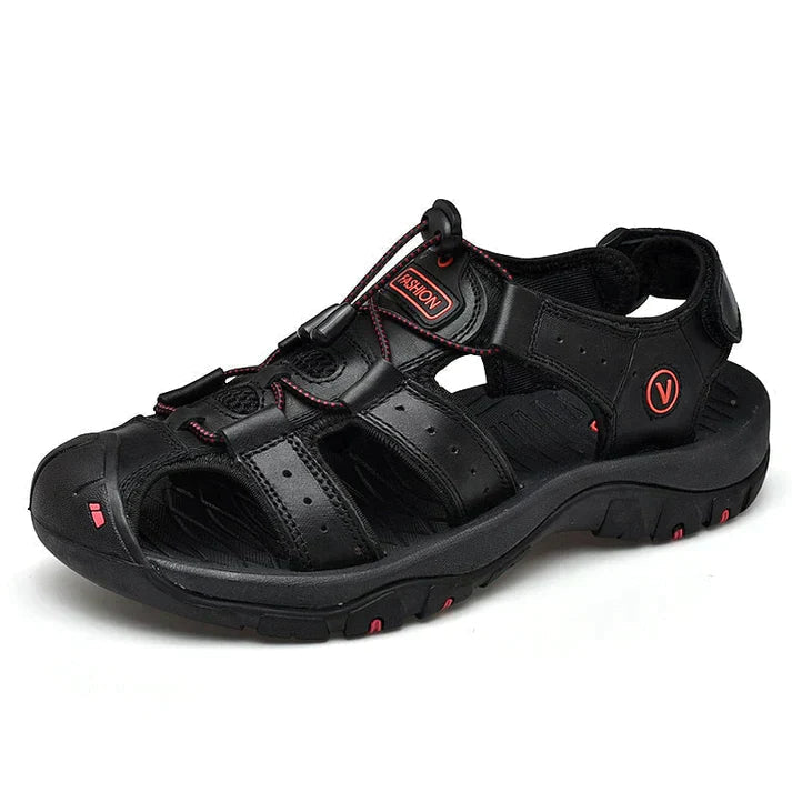 Black men's outdoor comfort sandal with adjustable hook-and-loop strap