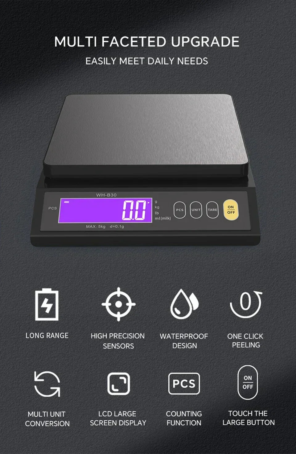 Compact waterproof scale stored easily in a kitchen drawer