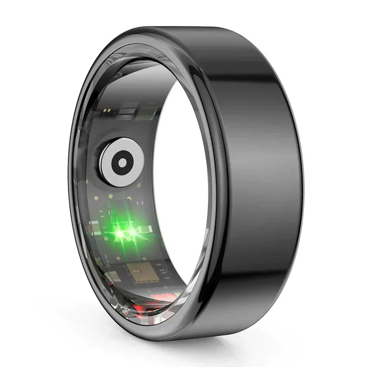 Sleek black titanium smart health tracker ring showcasing internal sensors and circuitry.