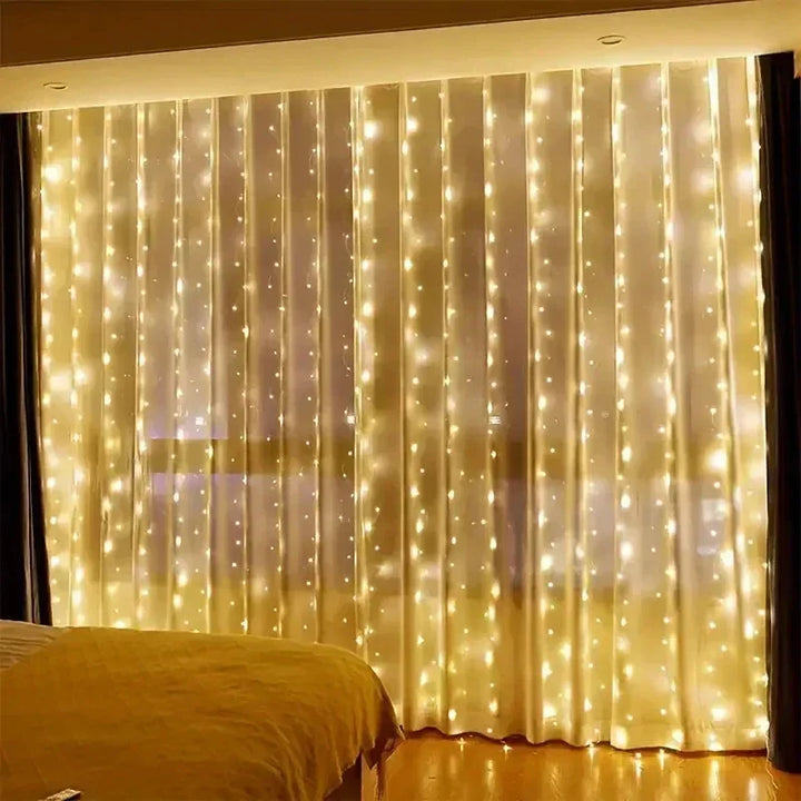Decorative string lights glowing against dark background