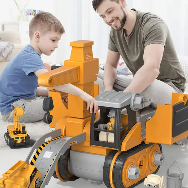 Colorful kids building blocks and vehicle toys arranged for imaginative play