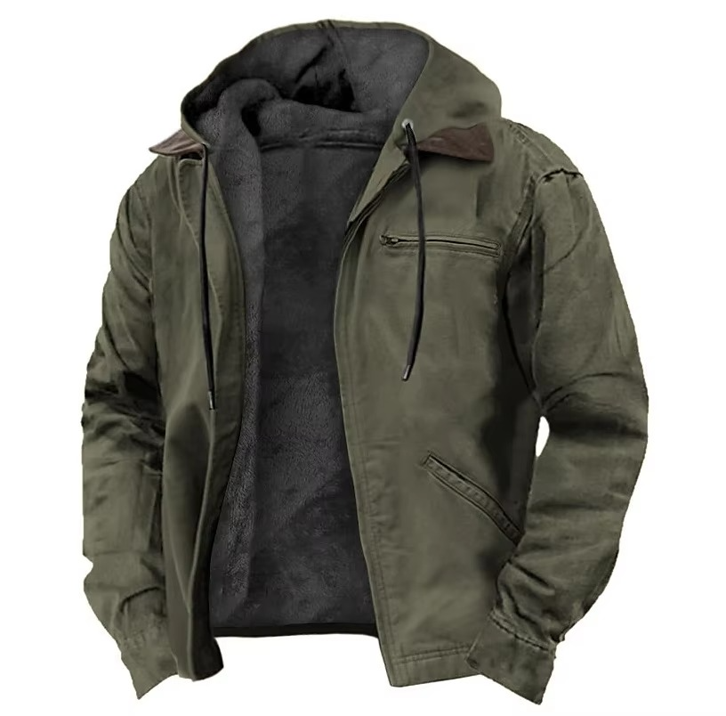 Back view of mens casual hooded coat featuring warm fleece lining and comfortable fit