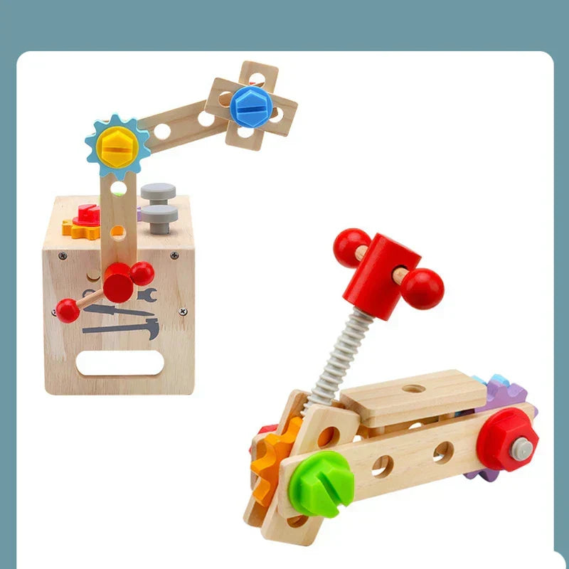 Wooden kids tool kit toy showing detailed wooden toy construction pieces