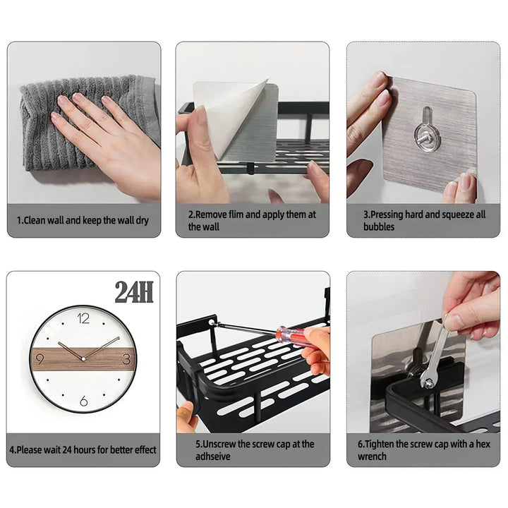 Space-saving bathroom storage shelf holding soap and shampoo bottles