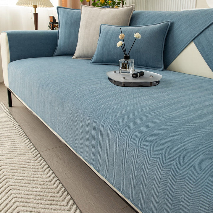 Blue non-slip chenille sofa cover showcasing textured fabric