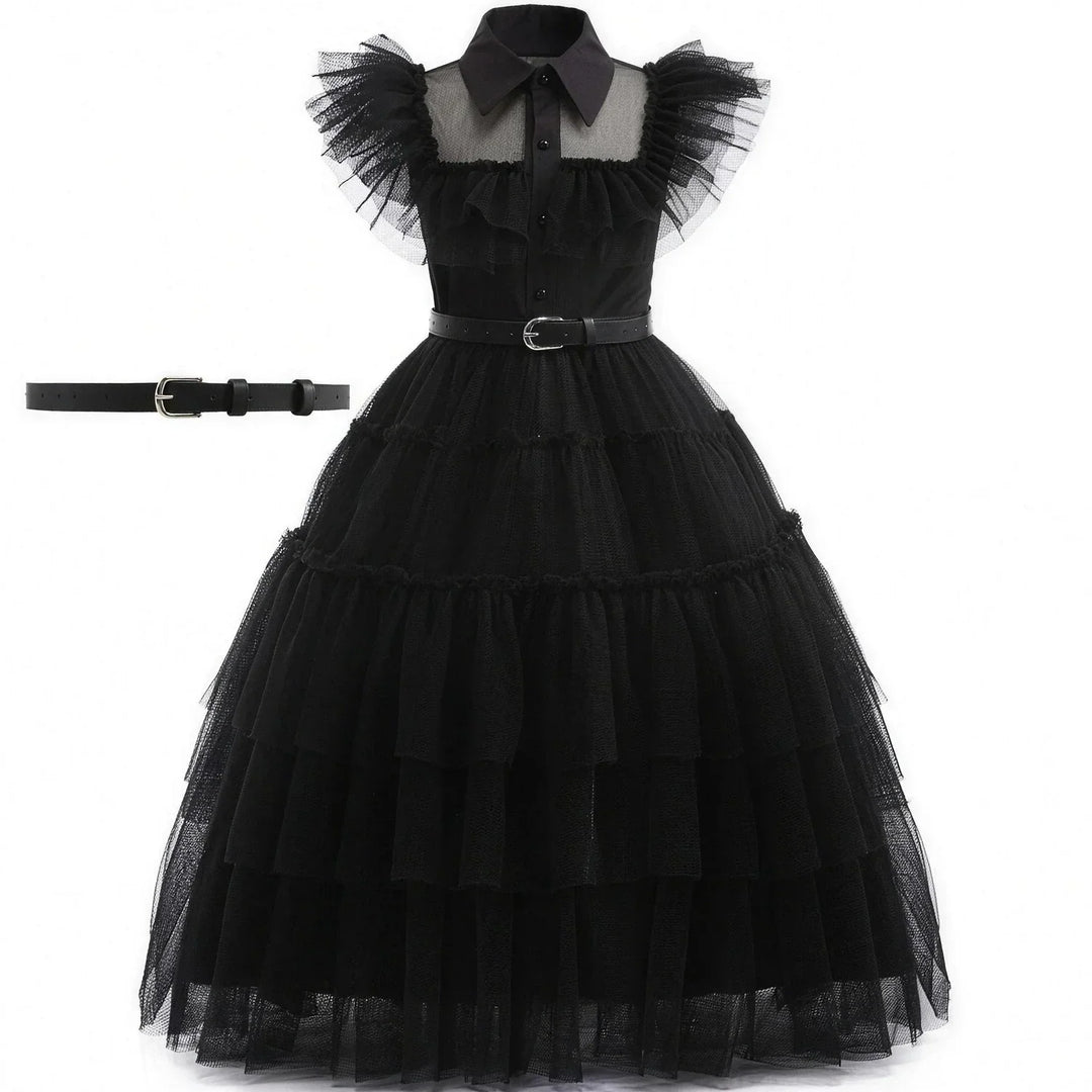 Black gothic tulle dress for girls with matching belt on a white background
