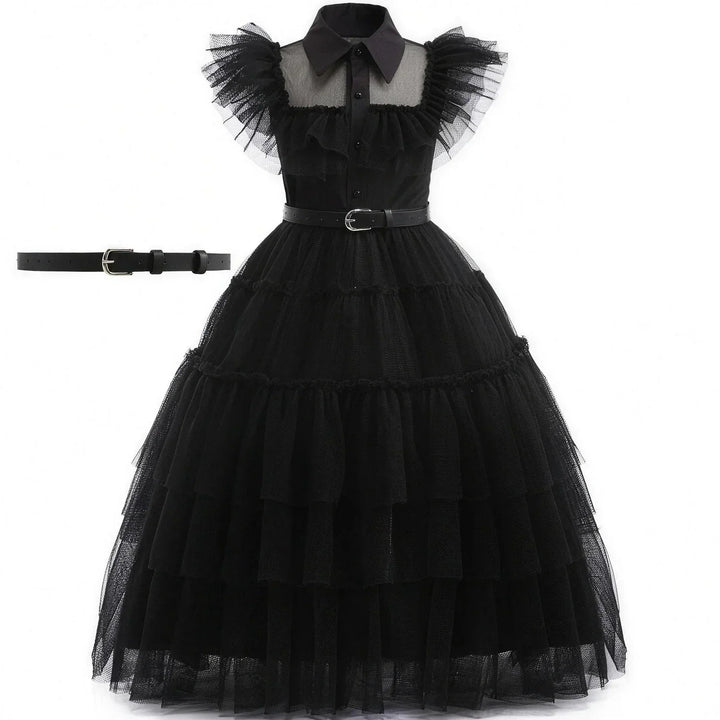 Black gothic tulle dress for girls with matching belt on a white background