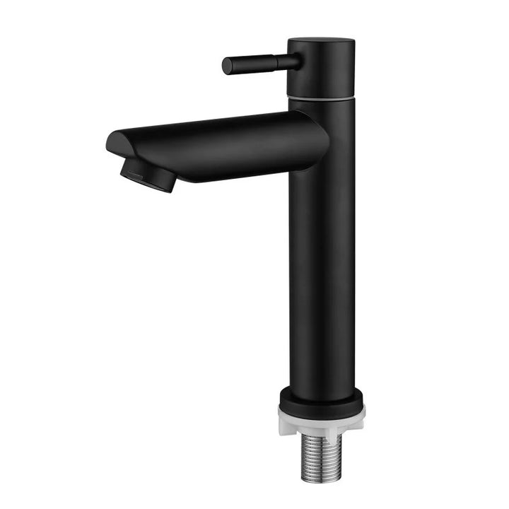 Stainless steel basin tap installed on a contemporary vanity countertop