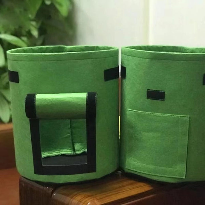 Group of various sized fabric grow bags for urban vegetable gardening
