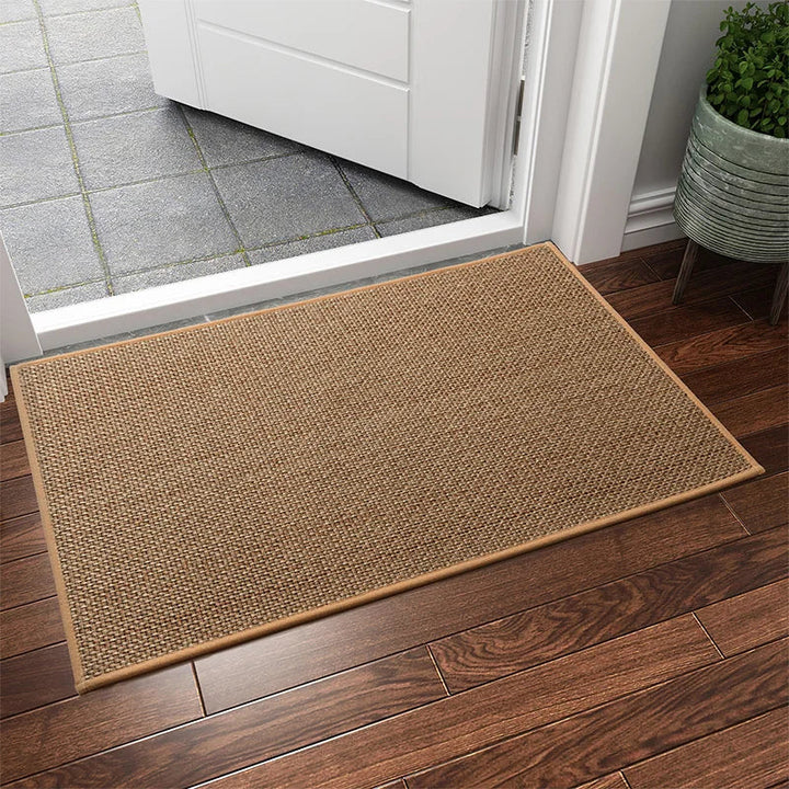 Beige variant of the rubber doormat on wooden flooring
