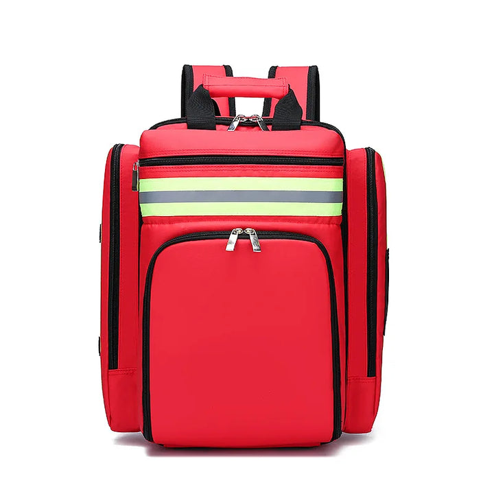 Tactical emergency backpack showing durable straps and back support