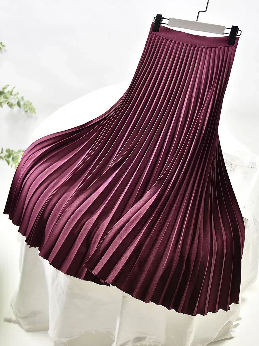 Full length view of women's pleated skirt suitable for casual and work wear