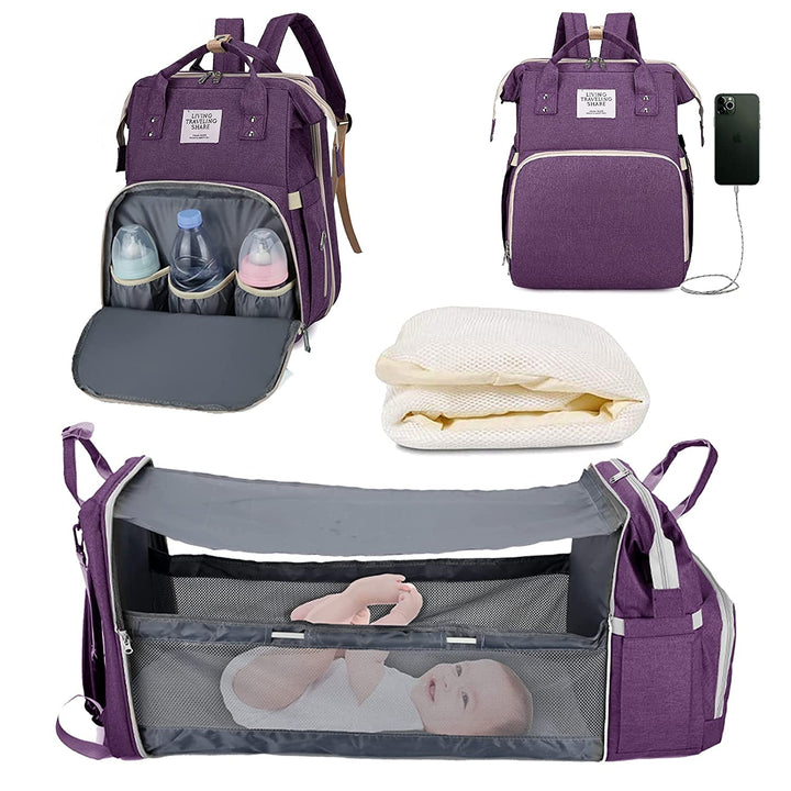 Multifunctional diaper bag backpack showing spacious interior and multiple pockets for baby travel gear.