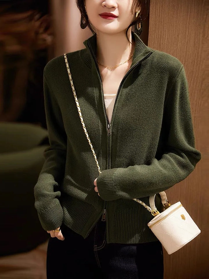 Final look at womens stylish zip up knit cardigan
