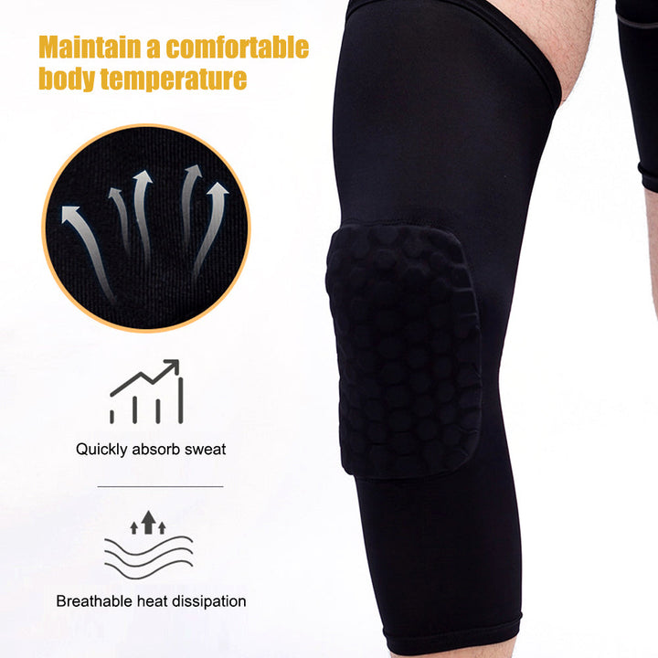 Model wearing knee compression sleeve during outdoor running activity