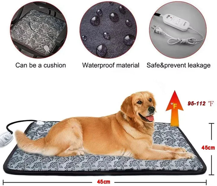 Golden retriever lying on a 45x45cm waterproof pet heating mat showing temperature range