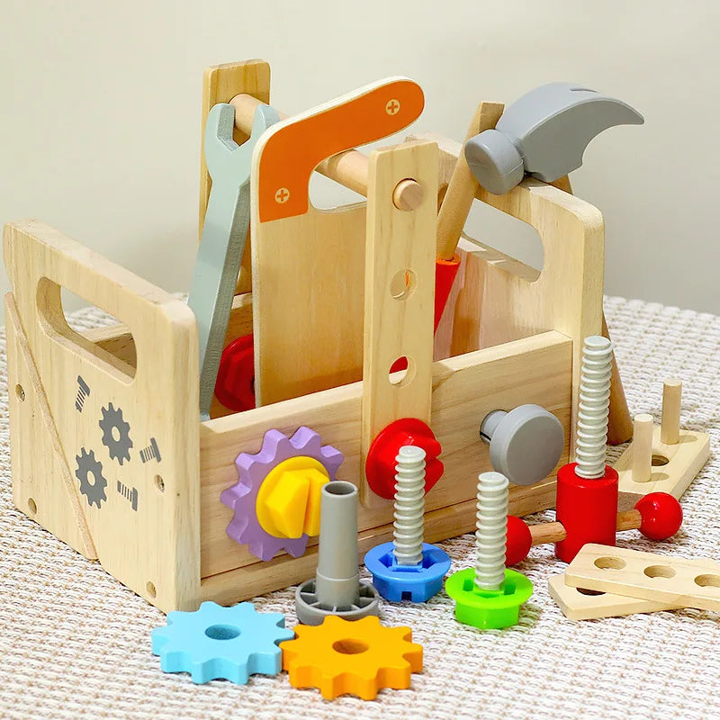 Close-up of wooden kids tool kit displaying toy hammer, saw, and threaded screws