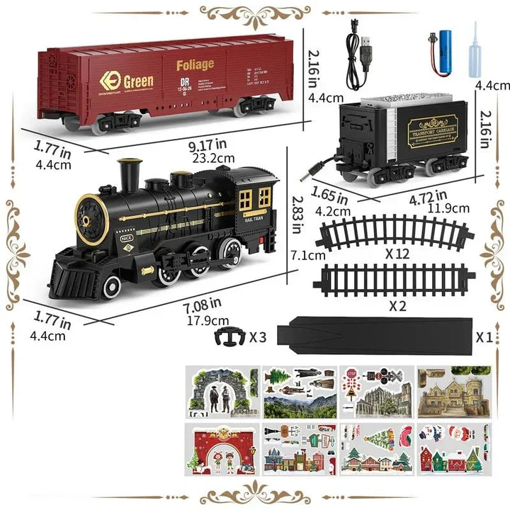 Classic black locomotive with red cargo car and track layout pieces