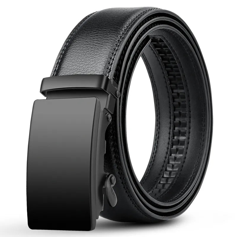 Black men's belt with automatic ratchet buckle coiled neatly
