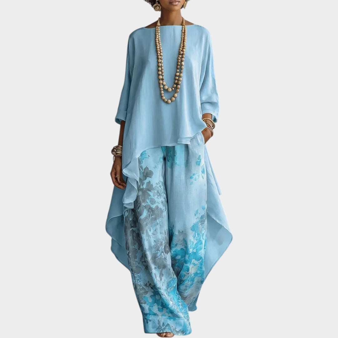 Flowy summer two piece outfit with floral tunic and wide leg trousers