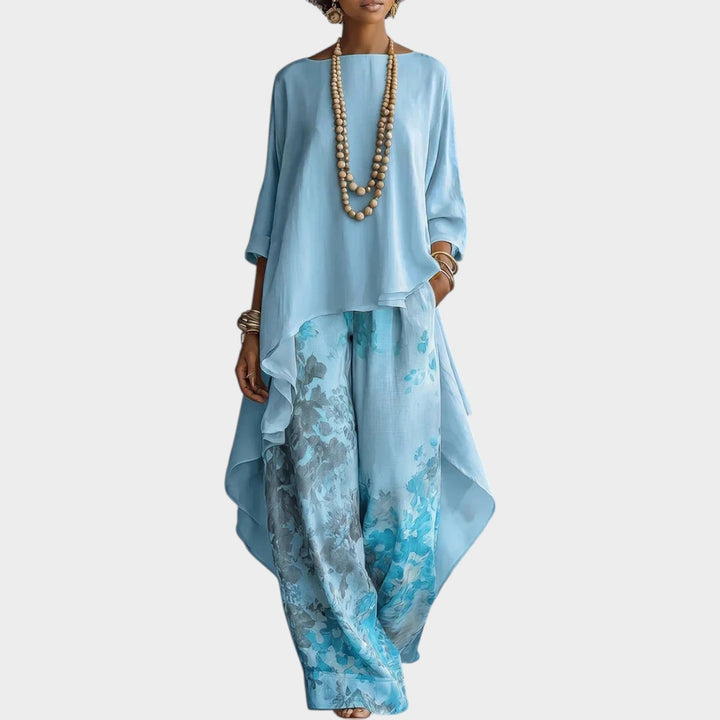 Flowy summer two piece outfit with floral tunic and wide leg trousers