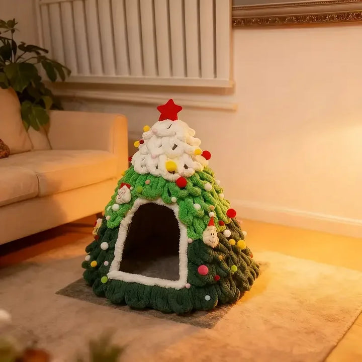 Comfortable indoor holiday cat gift featuring festive tree design and stars
