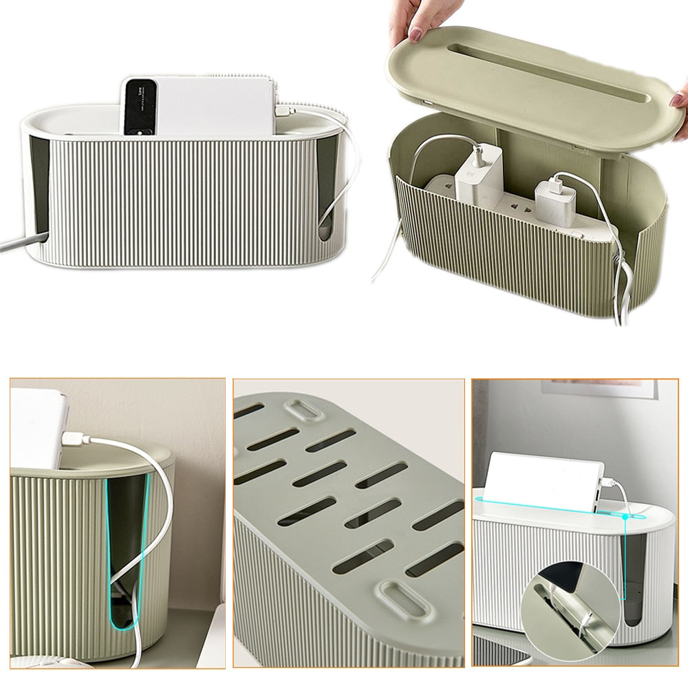 Detailed view showing cable slots, ventilation holes, and phone stand on organizer lid
