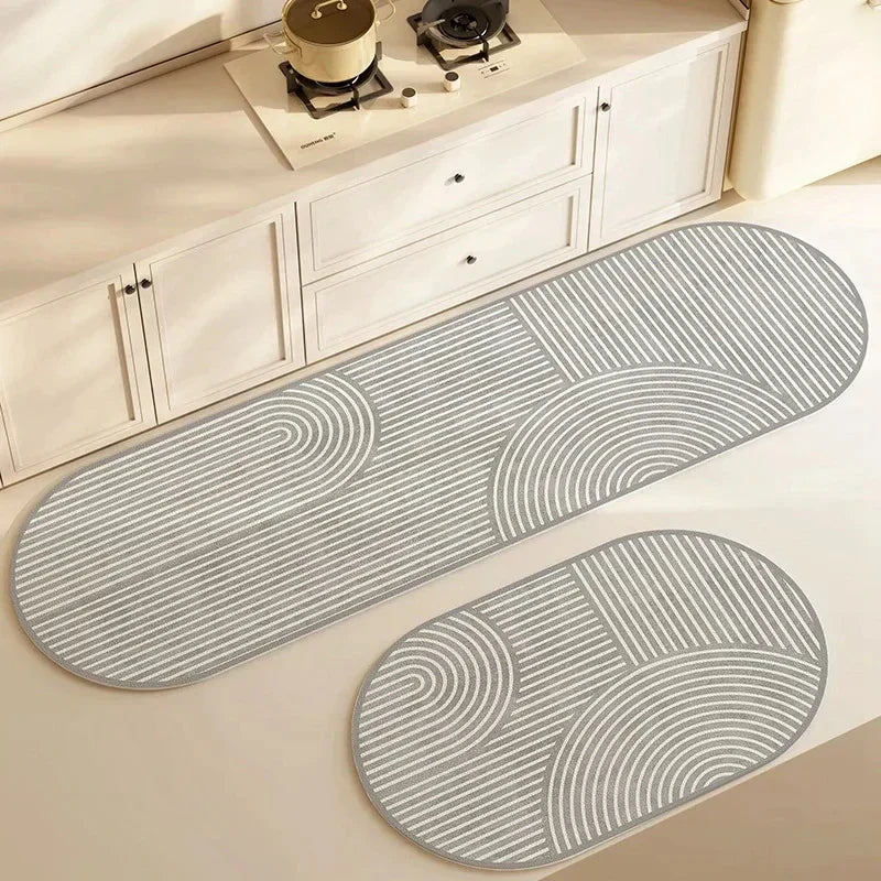 Non-slip cushioned kitchen floor rug displaying pattern detail and edge stitching