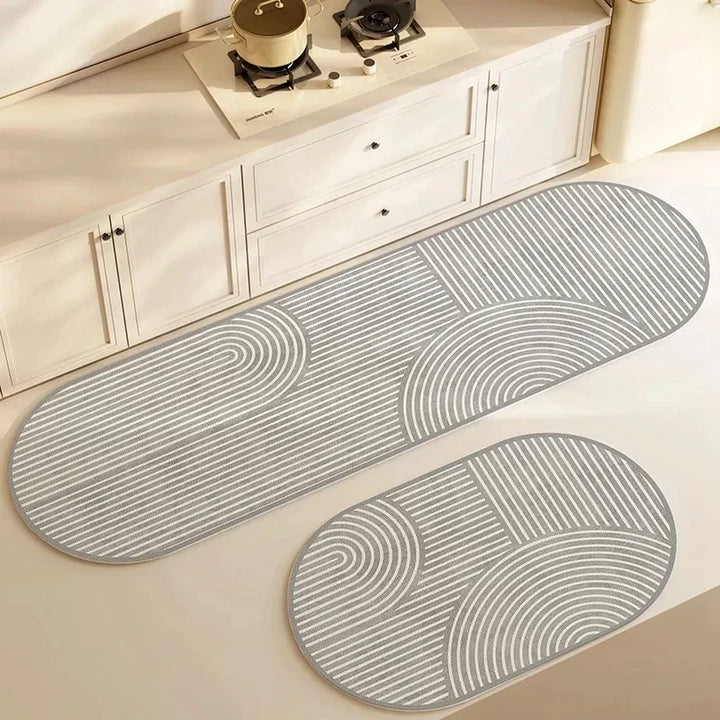 Non-slip cushioned kitchen floor rug displaying pattern detail and edge stitching
