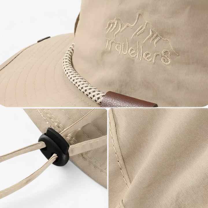 Adjustable chin strap detail on the protective hiking sun hat