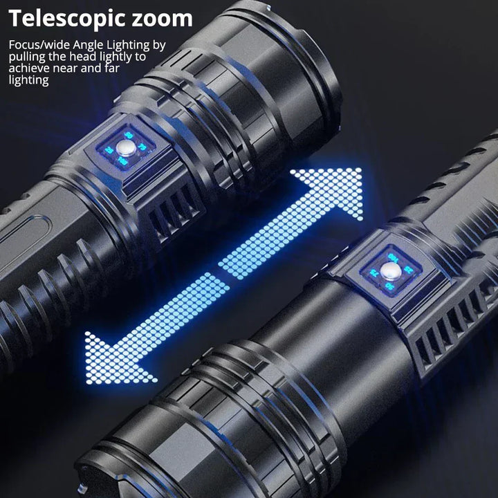 Demonstration of the telescopic zoom function adjusting the beam angle of the LED flashlight.