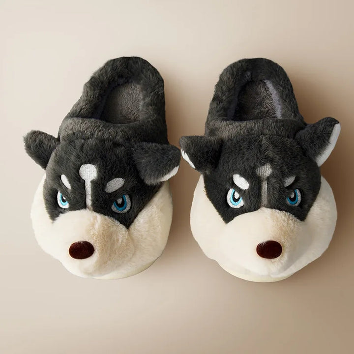 Plush animal house shoes with cute husky face and ears for women