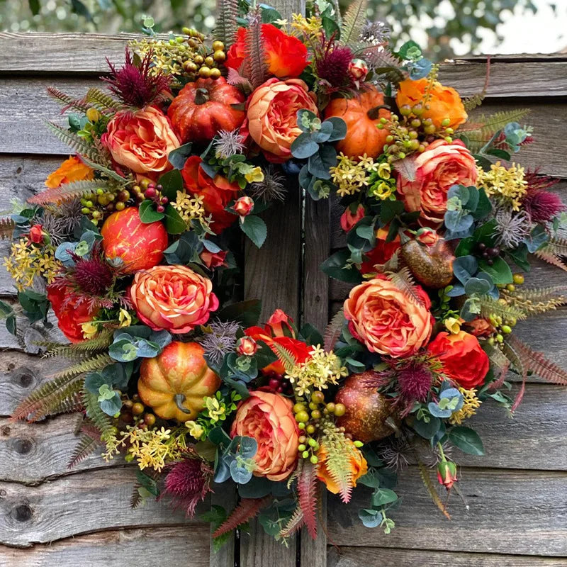 Close-up view of the handcrafted autumn wreath featuring pumpkins, flowers, and foliage.