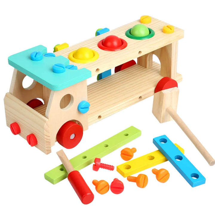 Wooden construction set toy helping toddlers develop fine motor skills