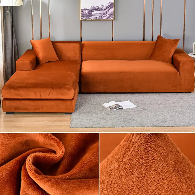 Secure fit couch slipcover tucked neatly between cushions for sleek look