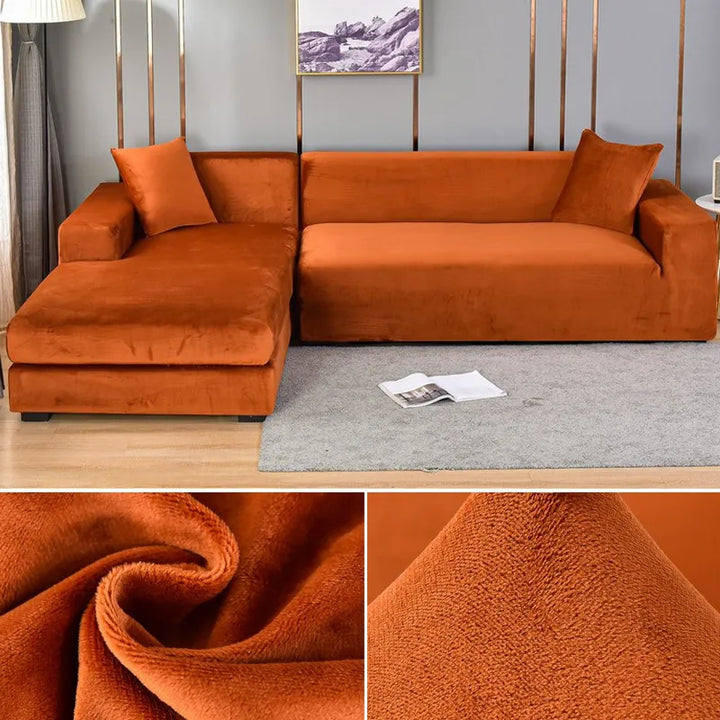 Secure fit couch slipcover tucked neatly between cushions for sleek look